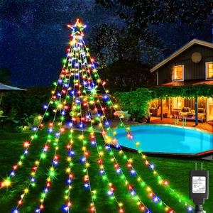 XURISEN Outdoor Christmas Decorations Star Light,11.8 ft 337 LED Waterfall Tree Lights with Topper Star String Lights Plug in, 8 Modes Christmas Lights for Party Home Holiday Decor(Multicolor)