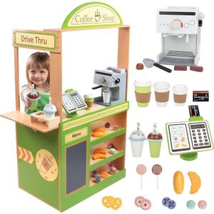 Pretend Coffee Shop Wooden Playset- Drive Thru Window Fun- Includes Frappuccino w Straws Espresso Maker Bread Pastries Rotating Cash Register, Coffee Cups, Apron- 25+ Cute Play Pieces! Kids Gift