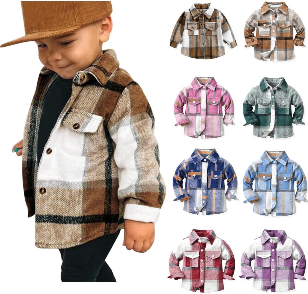 Kids Toddler Flannel Shirt Jacket Plaid Long Sleeve Lapel Button Down Shacket Baby Boys Girls Fall Shirt Coat Outwear (1-2T)