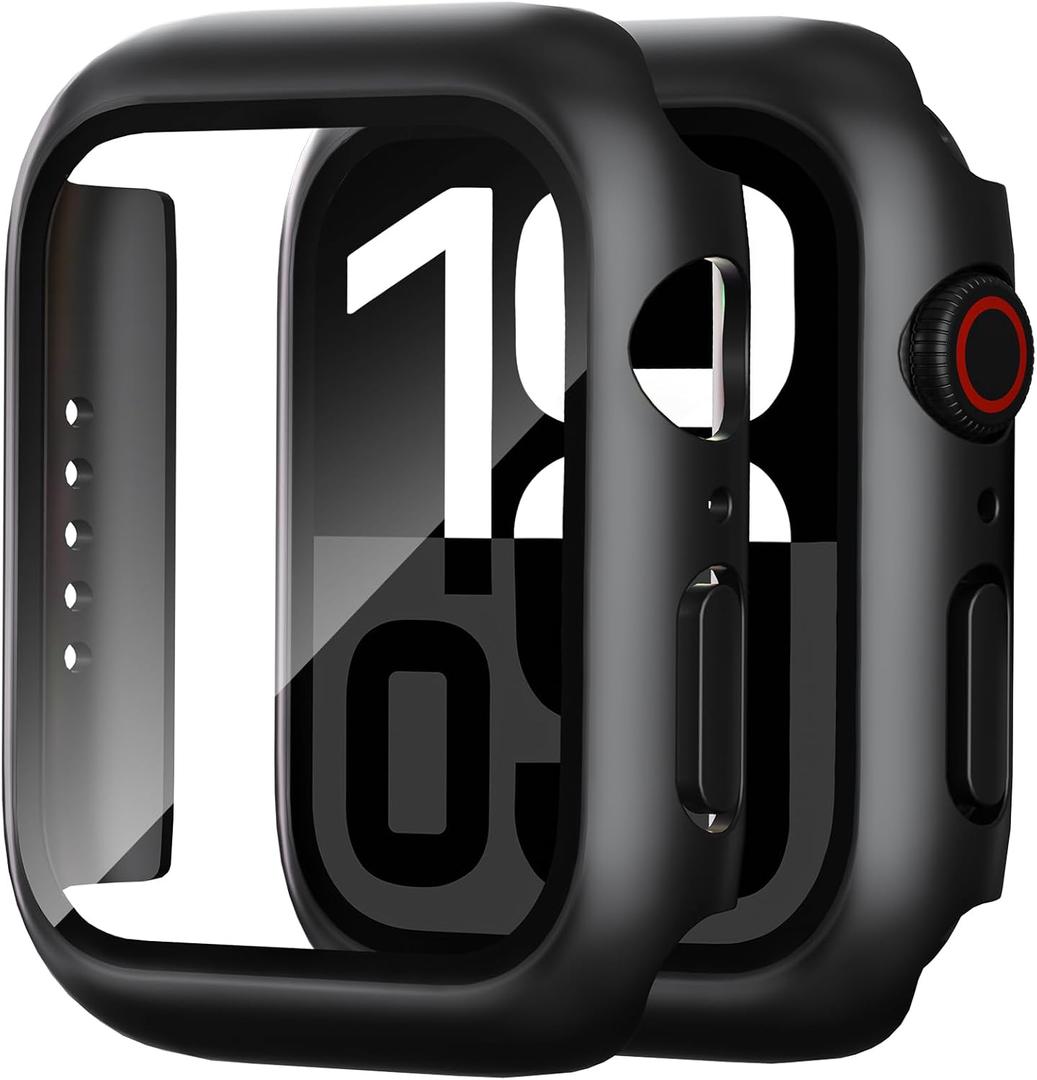 2 Pack Case for Apple Watch Screen Protector, Hard PC Case with Tempered Glass Protective Cover Guard Bumper, Slim Apple Watch Cover for iWatch Series 9 8 7 - Black/Black 45mm