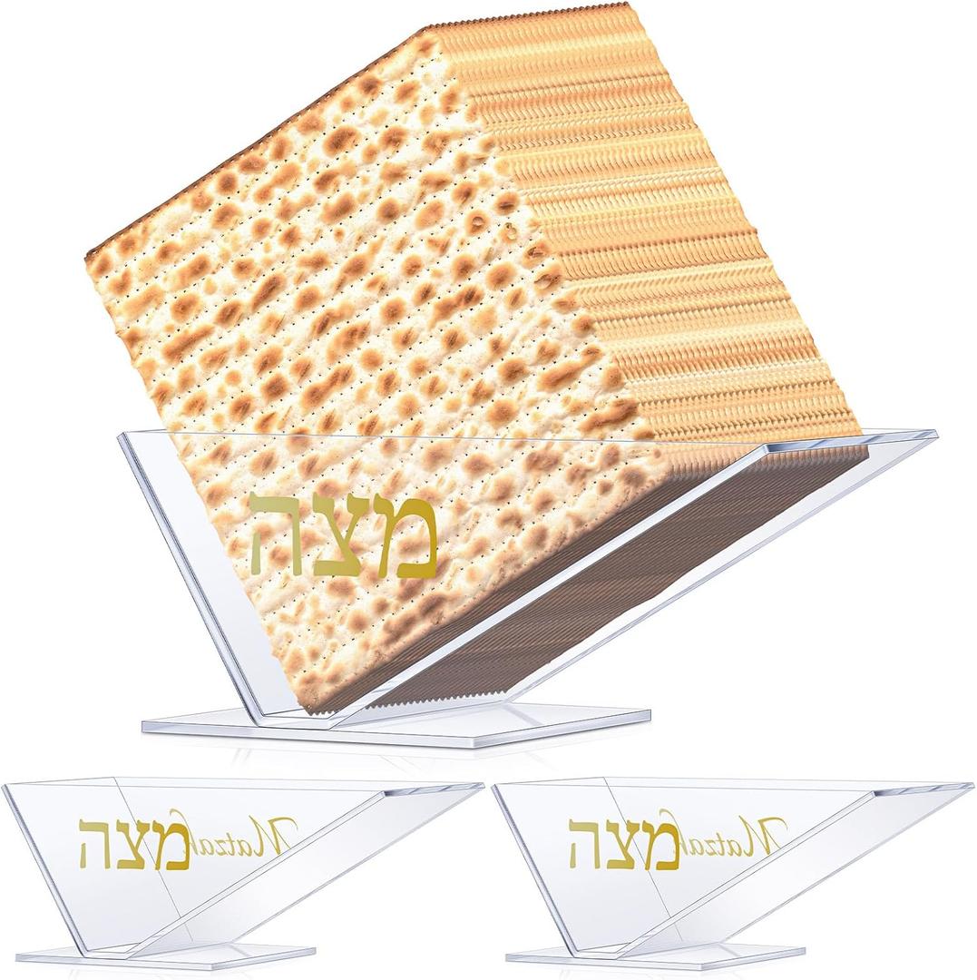 Sintuff 3 Pcs Passover Matzah Holder Acrylic Clear Matzo Box for Pesach Seder Table with Hebrew Letters (Gold)