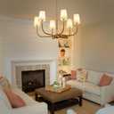34" Boho Chandelier, with Creamy-White Fabric and Natural Rattan Arched Arms Shade Antique Brass Brush Paint Finish Pendant Lighting Fixture for Dining Room Living Room 6-Light