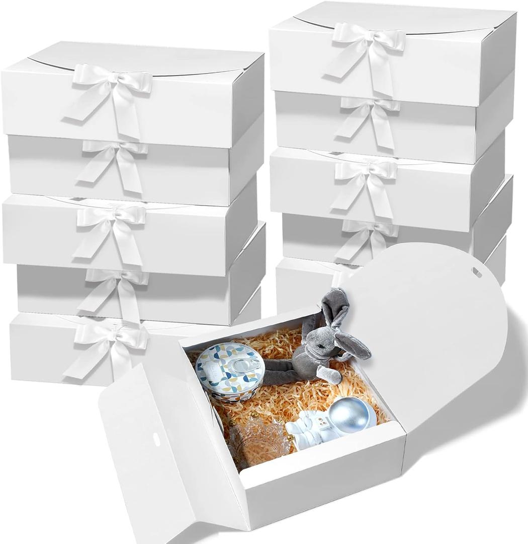 10 PCS Gift Boxes with Lids, 10.6x7.8x3.1 Inch Kraft Paper Gift Box, White with Ribbon, Bridesmaid Proposal Box for Wedding, Packaging, Present, Birthday, Cupcake