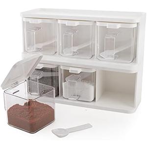 Hedume 2 Pack 3 Grids Clear Seasoning Box with Handle and Spoon, Seasoning Storage Container Rack Combo Set with Removable Cruet Jars for Spice Salt Sugar