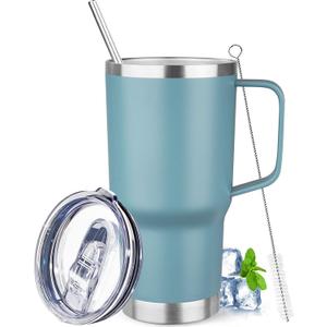 20 oz Tumbler with Handle Stainless Steel Insulated Coffee Mug Tumbler with Lid and Straw Double Wall Vacuum Insulated Coffee Mug Leak Proof Travel Tumbler for Hot and Cold Drink (Azure Blue,1pack)
