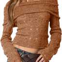 Womens Off The Shoulder Hollow Out Sweaters Sexy Slim Fitted Cropped Long Sleeve Knit Tops (Petite) (Brown, XL)