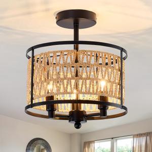 3 Light Rattan Ceiling Light Fixture 11inch Boho Semi Flush Mount Ceiling Light Black Hand-Woven Cage Wicker Chandelier for Farmhouse Bedroom Hallway Entryway Kitchen