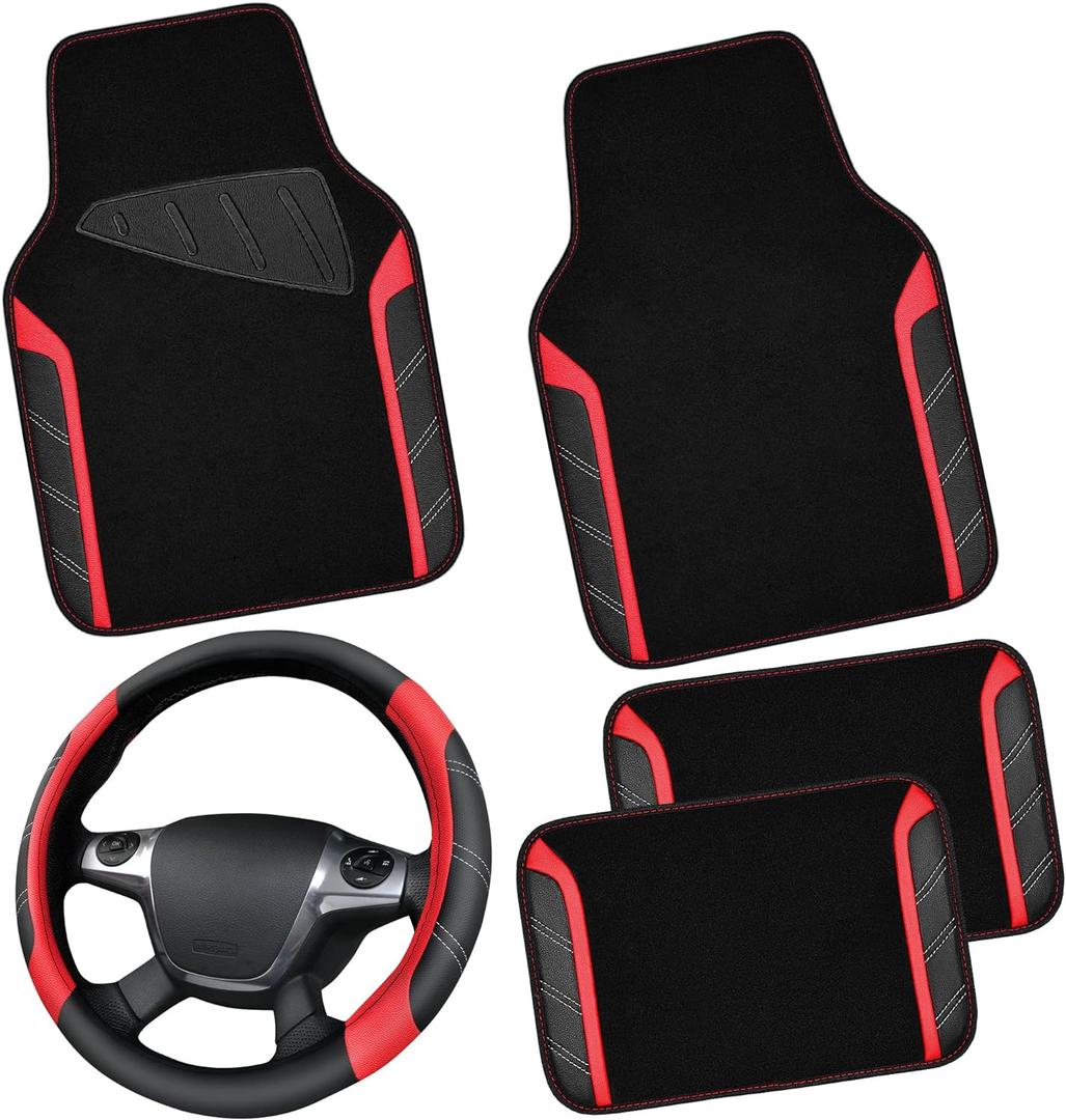CAR PASS Leather Steering Wheel Cover and Waterproof Car Floor Mats,Microfiber Universal Car Combo Fit for 95% Sedan,SUV,Cars,14.5-15inch Sporty Anti-Slip Safety Comfortable Design(BlackRed)