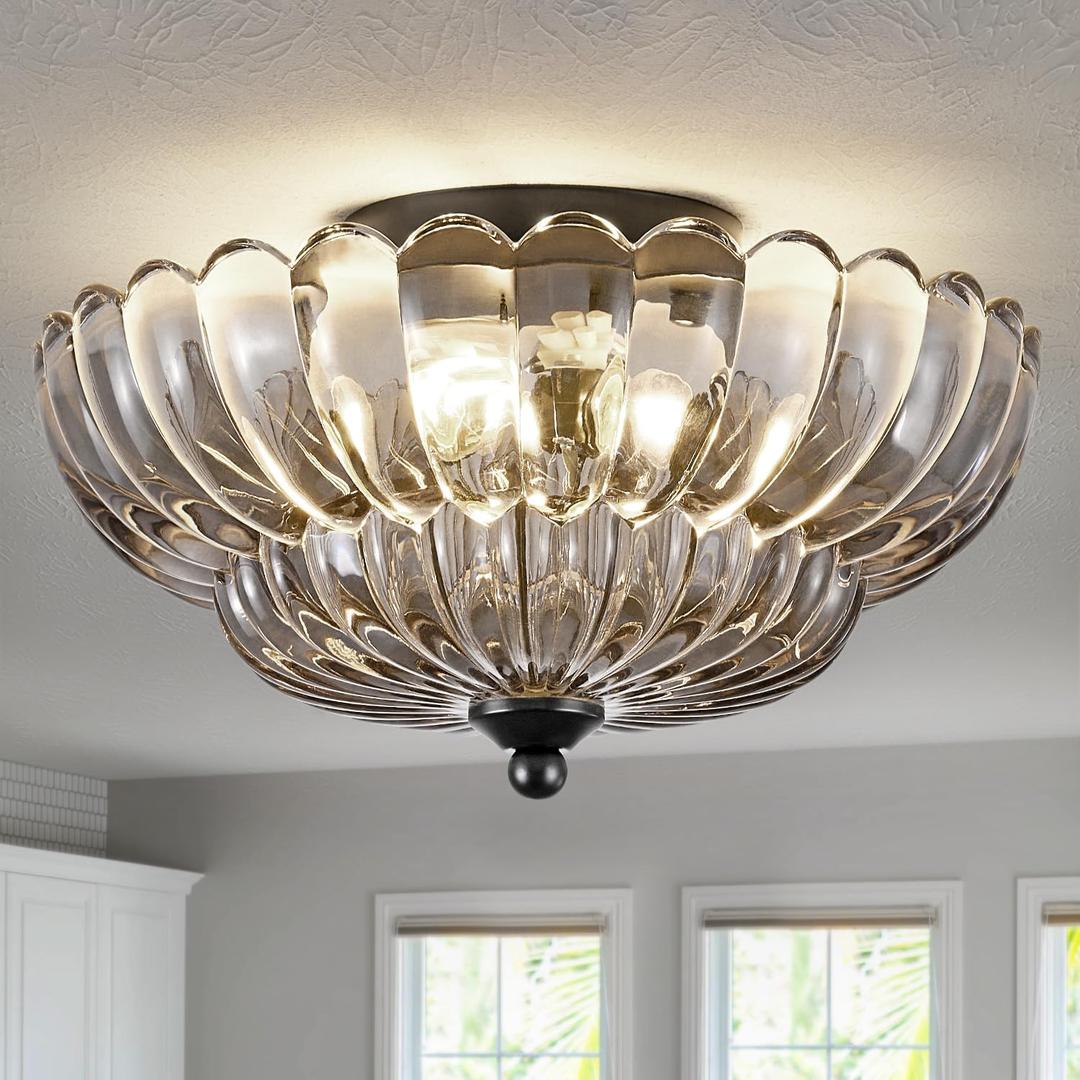 Modern Black Ceiling Light Fixture, 12" Grey Glass Flush Mount Chandeliers, Semi Flush Mount Ceiling Light Fixture Suitable for Living Room Hallway Kitchen Bedroom