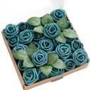 Ling's Moment Artificial Wedding Flowers 1.5" Rose Buds and 2" Petite Roses 25pcs Dark Teal w/Stem for DIY Wedding Boutonniere Wrist Corsages Bouquets Centerpieces Arrangements