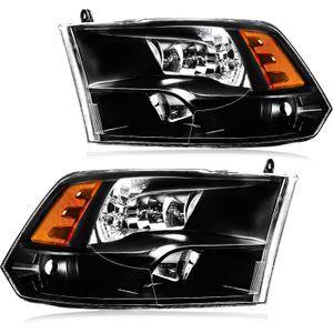 Headlight Assembly, Compatible with 2009-2018 Dodge Ram 1500/2010-2018 Ram 2500 3500 4500 5500(Only fit factory quad beam halogen headlights) Black Housing Amber Reflector