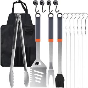 15PCS Grill Set, BBQ Grilling Accessories with Tongs Spatula Skewers, Stainless Steel Grill Utensils Set with Hooks & Apron Storage Bag for Outdoor Cooking, Camping, Practical Gifts for Men Dad