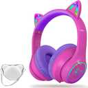 LOBKIN Bluetooth 5.4 Kids Headphones with Case - RGB LED Light Up Cat Ears Foldable Adjustable Over Ear Headphone Support Wireless or 3.5mm Wired Mode for Toddler & Girls & Boys Teens (Hot Pink)