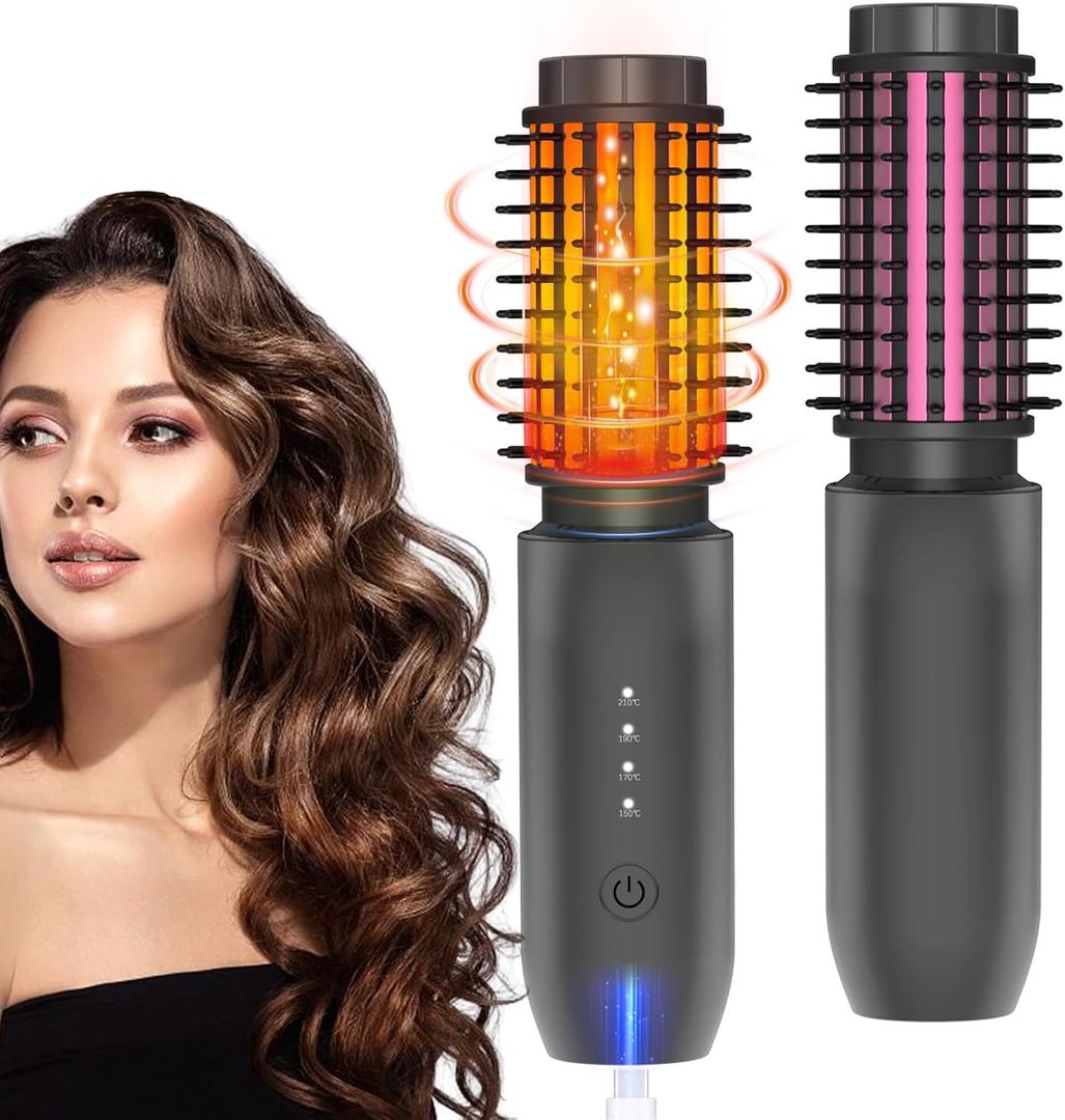 JAMIEWIN Cordless Hair Curling Iron Brush, Travel Hot Straightener Comb Curl Brush, 3-in-1 Portable Curling Iron Cordless Wand, USB Rechargeable Curling Wand-Blush(Gray)
