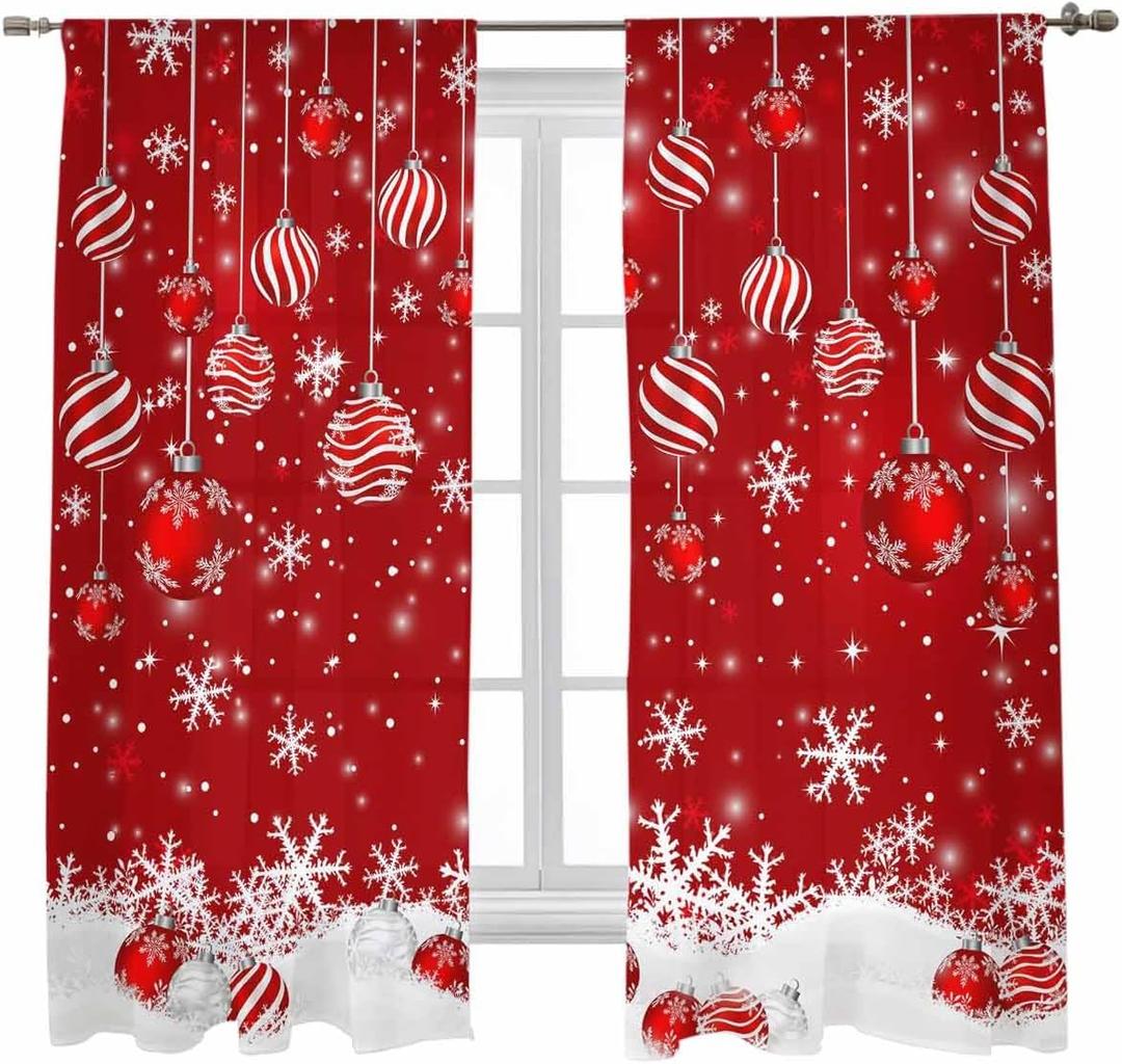 Christmas Sheer Curtain 63 Inch Length 2 Panels Light Filtering Snowflake Window Curtain Red Sheer Voile Curtains Xmas Ball Glitter Sparkle Snow Rod Pocket Window Treatment for Living Room
