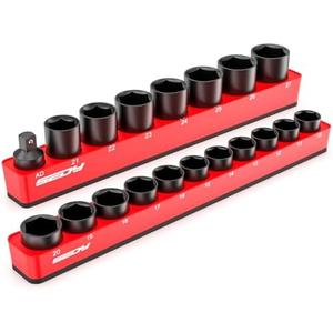 2-Piece 3/8"-Drive SAE Magnetic Socket Organizer Set (Holds 26 Sockets) - Detachable Tool Tray with 5mm Magnetic Base, Screw-Fixed Design & Heavy-Duty Modular Storage for Garage/Home Workshop