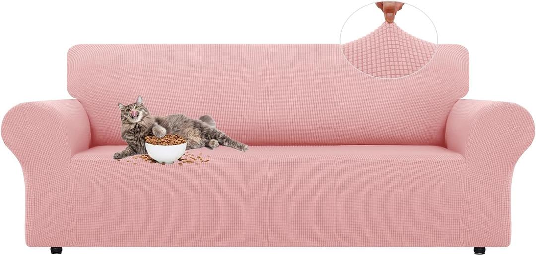 LURKA Stretch Sofa Slipcovers 1 Piece Couch Covers for 3 Cushion Couch Sofa Furniture Protector Full Sofa Covers with Elastic Bottom for Kids and Dog (Large, Pink)
