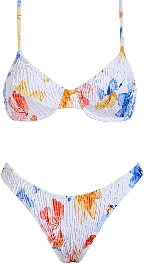 VOLAFA Women's Triangle Bikini Set Textured Frilled Smocked Ruched Push Up Swimsuit Two Piece Bathing Suit (S)