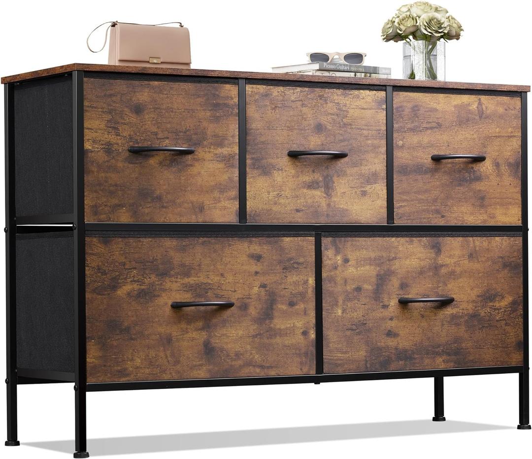 WLIVE Dresser for Bedroom, with 5 Fabric Drawers, Rustic Brown Wood Grain, 11.73"D x 39.37"W x 26.57"H