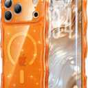 3 in 1 Magnetic for iPhone 17 Pro Max Case, Sparkly Bling Glitter Cute Curly Wave [Fit for MagSafe]1X Screen Protector+1X Wrist Strap, Trendy Women Girly Clear Case for 17 Pro Max 6.9", Orange Clear