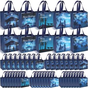 SmoothNovelty 50 Pack Christmas Nativity Gift Bags - Religious Non-woven Favor Totes with Handles for Jesus Birth, Holy Night Church Events, Xmas Party & Holiday Supplies (Reusable Goodie Bags)