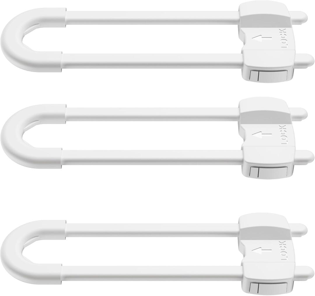 U-Shaped Baby Proof Cabinet Locks No Drilling Required, Adjustable Child Safety Latches for Cabinets Drawers Kitchen Doors, 3 Pack White