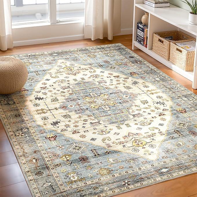 Boho Area Rug,8x10 Washable Living Room Rug Indoor Non-Slip,Large Oriental Accent Throw Rug for Kitchen Entryway Bathroom Bedroom Office Carpet