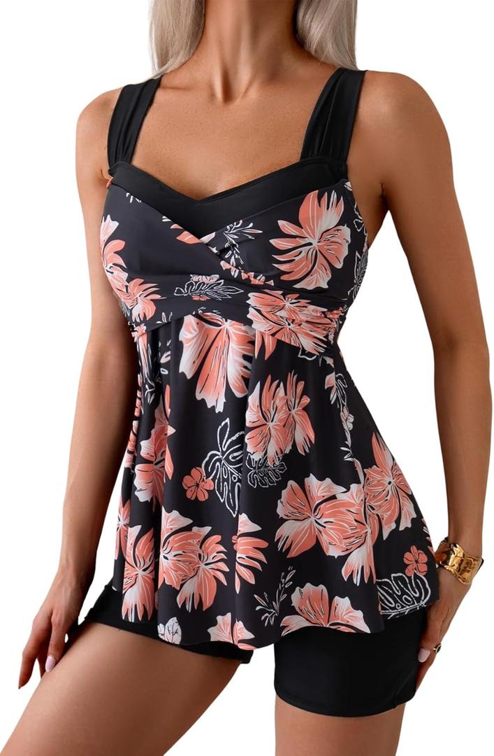 B2prity Tankini Swimsuits for Women Tummy Control Two Piece Modest Bathing Suits Floral Skirt Top with Boyshorts (Large, Black Pink Floral)