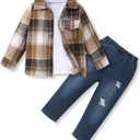 3Pcs Toddler Boy Clothes Botton Down Shirt and T-Shirt with Pants Toddler Boys Winter Clothes (Brownish Black)