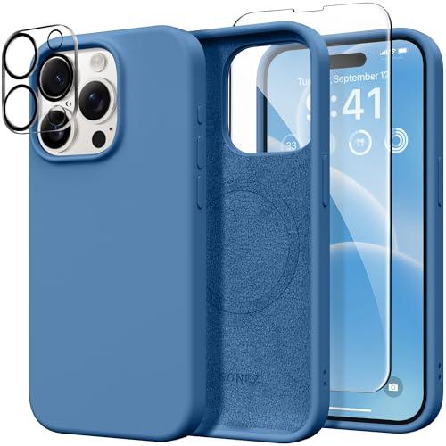 GONEZ Magnetic for iPhone 15 Pro Case, [Compatible with MagSafe] Anti-Scratch Microfiber Lining & Screen Protector, Shockproof Slim Phone Silicone Cover 6.1 inch, Lake Blue
