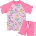 Girls Two Piece Swimsuit Floral UPF 50+ Rash Guard Set Kids Beach Swimwear (5-6 Years, Pink Butterfly)