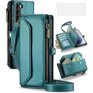 Asuwish Phone Case for Samsung Galaxy S21 Plus S21+ 5G Zipper Wallet Cover with Tempered Glass Screen Protector and Flip RFID Blocking Card Holder Cell S21+5G S21plus 21S + S 21 21+ G5 Women Men Green