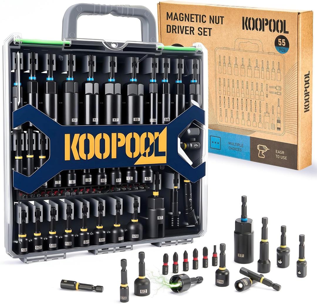Magnetic Socket Set for Impact Driver & Drill, Nut Driver Bit Set with Socket Adapters, Quick Release Extension, SAE Metric Sizes, Storage Case (55pcs Assorted)