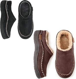 Zigzagger Double the Style Set of 2 Pairs Size 11-12,Men's Slip On Moccasin Slippers, Indoor/Outdoor Warm Fuzzy Comfy House Shoes, Fluffy Wide Loafer Slippers,Coffee&Jet Black