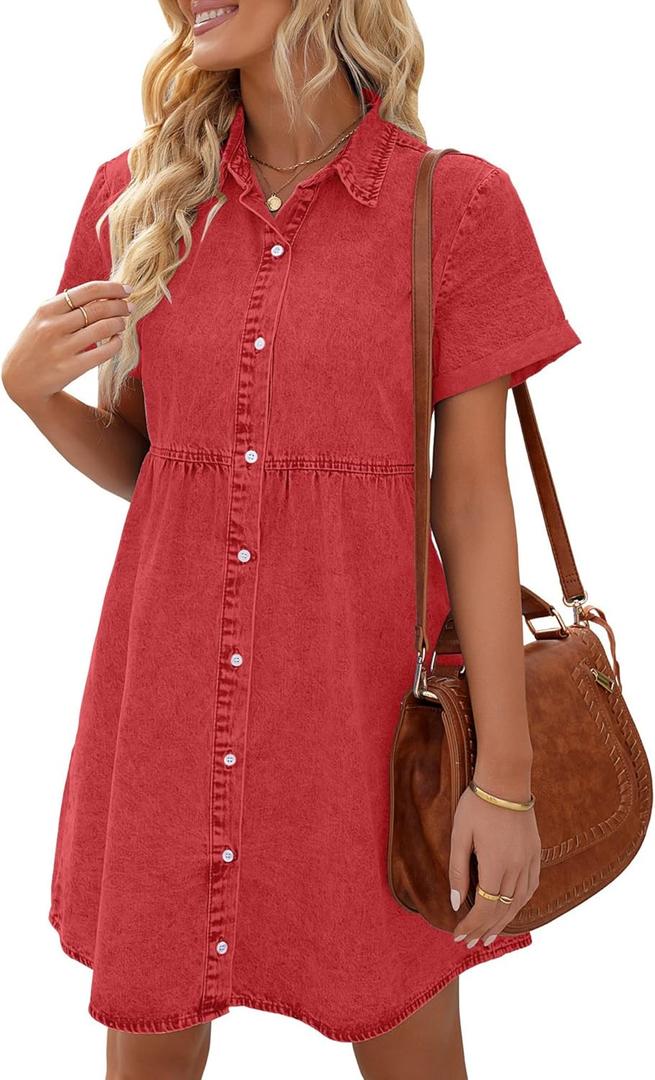 LookbookStore Women's Short Sleeve Button Down Flowy Tiered Babydoll Denim Dress (XX-Large)