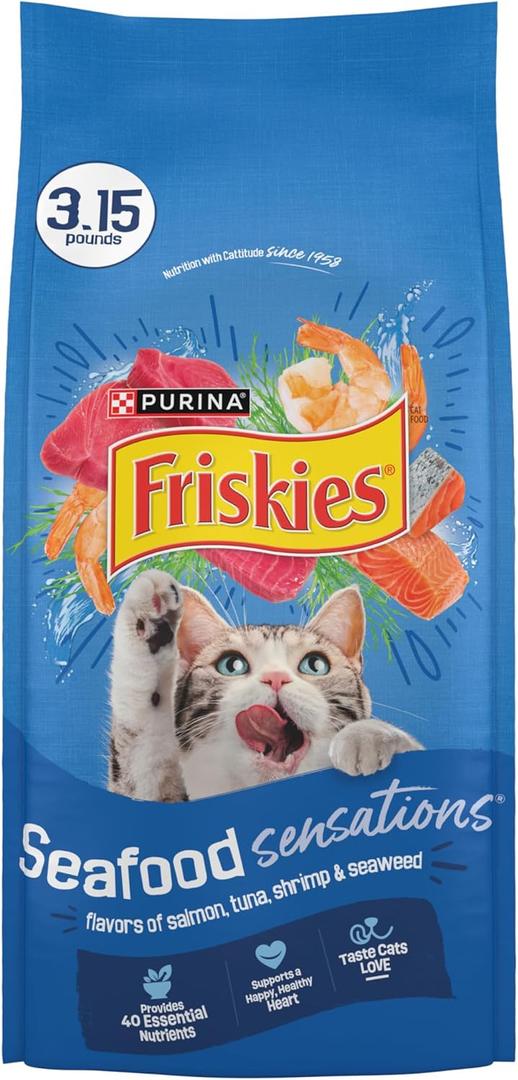 Purina Friskies Dry Cat Food Seafood Sensations With Salmon, Tuna, and Shrimp Flavors - (Pack of 4) 3.15 lb. Bags, BBD 10/2027