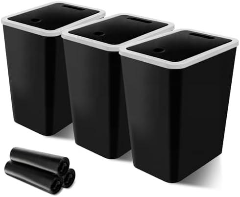Kifmurase 3 Pack Small Trash Can, 3 Gallons Bathroom Garbage Can with Lid Press-Top, Plastic Waste Basket with Trash Bags, Garbage Bin for Dorm, Office, Bedroom, Kitchen, Living Room (Black)