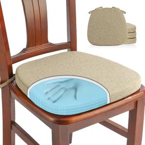 SINOSSO 4 Pack Memory Foam Chair Cushions for Dining Chairs, Friendly Woven Fabric 16" U-Shape Comfortable Kitchen Chair Pads, Removable Slip Resistant Seat Cushions (Set of 4, Linen) (Light Brown)