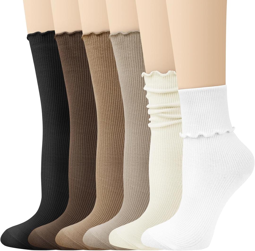 Justay 6 Pairs Ruffle Socks Soft Cute Frilly Turn-Cuff Long Casual Slouch Cotton Crew Socks for Women Gifts (One Size, Black White Beige Red Brown Coffee Light Khaki)