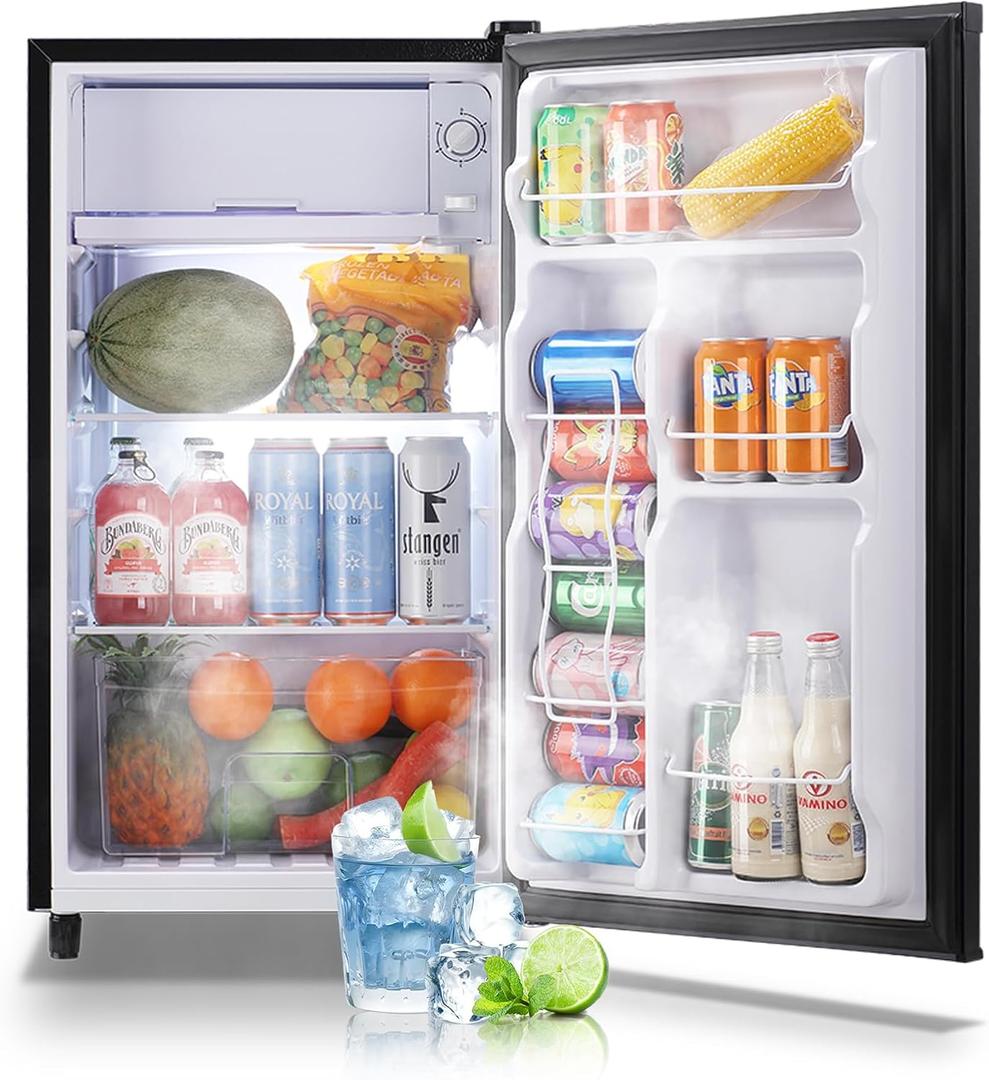 WANAI Compact Refrigerator 3.2 CU.FT Mini Fridge with Freezer Single Door Adjustable Temperature Side Door Wire Rack suit for Dorm Office Apartment BLACK