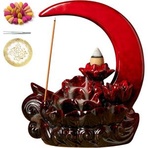 Moon Incense Burner with 60 Incense Cones + 30 Incense Stick, Ceramic Waterfall Incense Burner, Backflow Incense Holder for Aromatherapy Ornament Home Decor (Red)