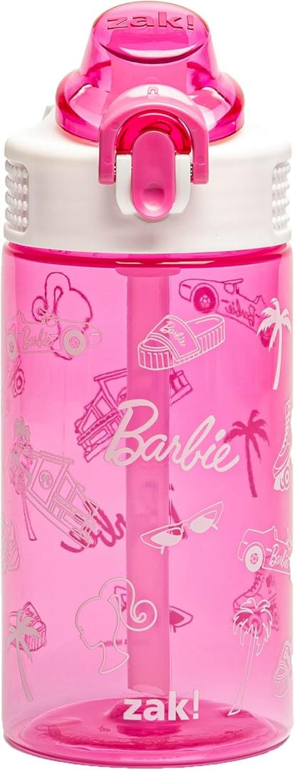 Zak Designs Barbie Sage Water Bottle For School or Travel, 16oz Durable Plastic Water Bottle With Straw, Handle, and Leak-Proof, Pop-Up Spout Cover (Barbie)