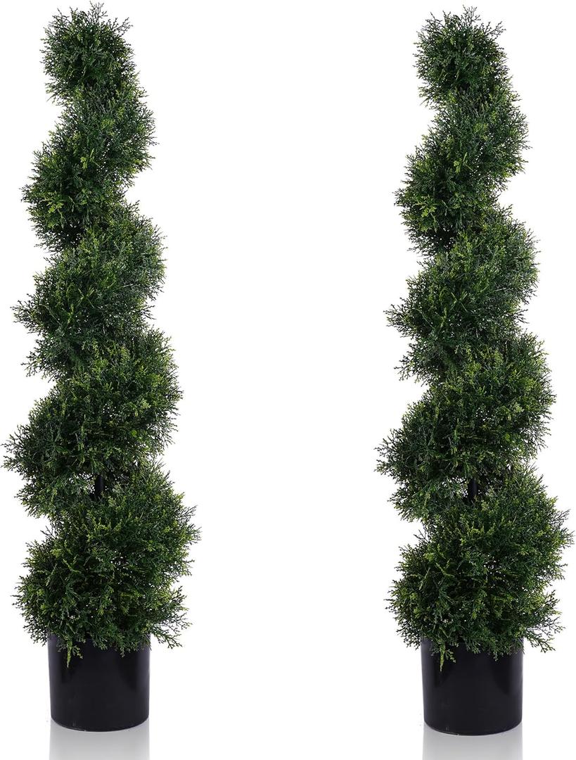 4FT Artificial Spiral Cypress Tree,Topiary Trees Artificial Outdoor-Indoor Outdoor Decor - Plastic Pots - Set of 2