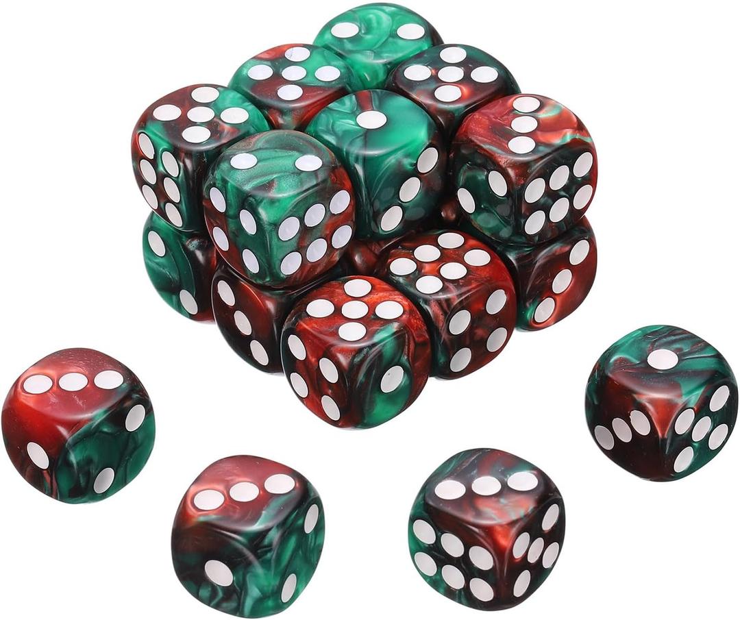 uxcell 24Pcs 6 Sided Colored Standard Dice, 16mm Acrylic D6 Mini Polyhedral Pearl Pattern Two Tone Colors Game Dice Set for Table Games, Red/Green, White Point