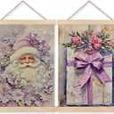 BearCake Vintage Purple Christmas Wall Art Poster Hanger Frame, Purple Christmas Decor, Fairytale Winter Xmas Floral Present Box Santa Wall Decor for Home Bedroom Living Room, 12x16 Inch Set of 2