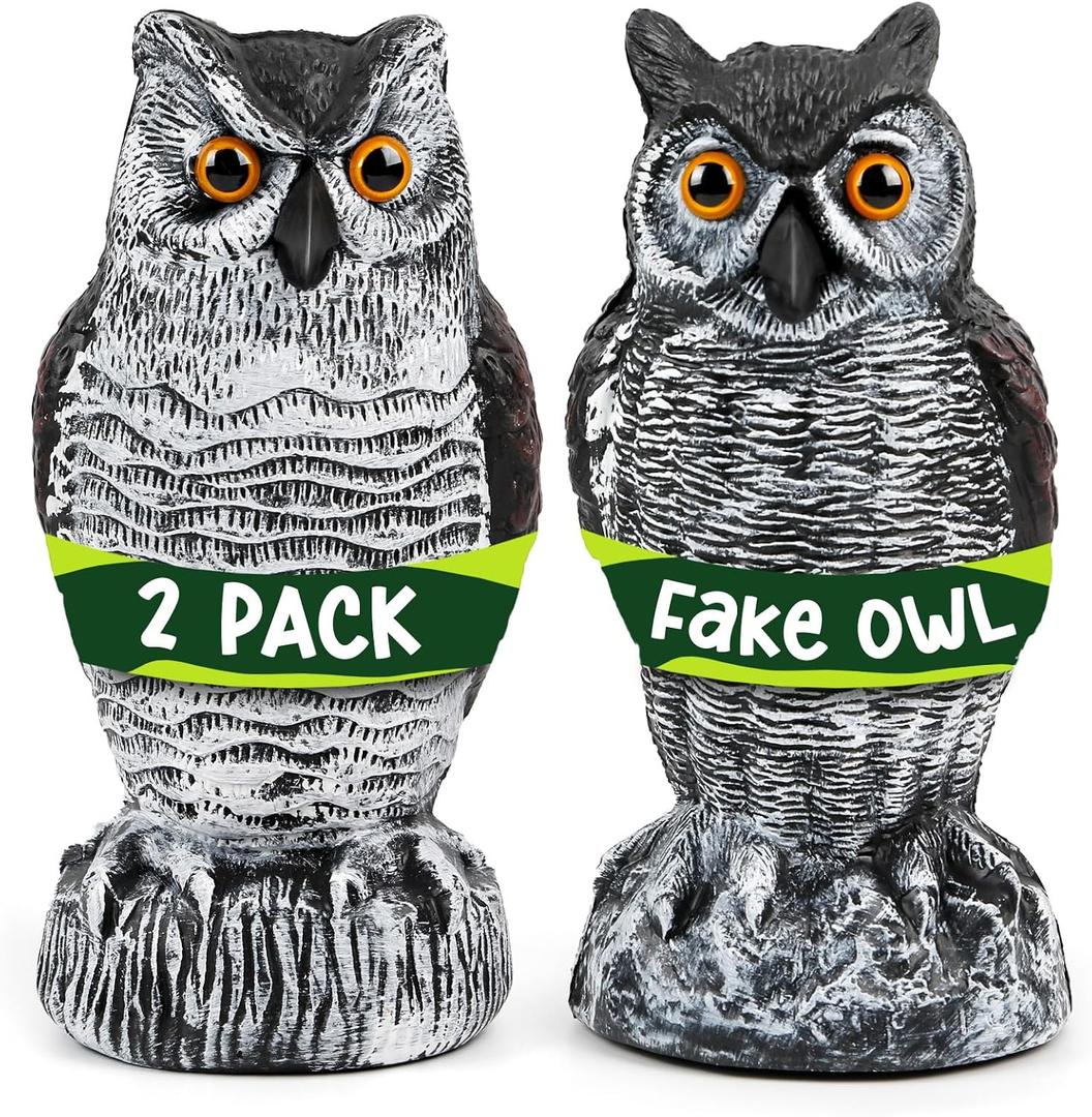 TRAYDER 2 Pack Fake Owl Decoys Large, 10.7" Outdoor Decorations Anti Bird Repellent Owls for Garden Deterrent, Scarecrow Horned Owl Statue Decoy to Scare Birds Away, Suit Backyard, Patio Decor