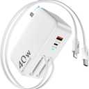 DreamBee 4-in-1 Retractable Wall Charger Plug for iPhone 17, Retractable Charger Block with Dual 35.5-in Cables, 40W Fast Charging Portable Travel Charger Adapter for iPhone 17/16/15/iPad/Galaxy/Pixel (White)