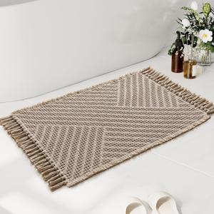 H.VERSAILTEX Waffle Bath Mat Super Absorbent Boho Bath Mat Non Slip Bath Rugs for Bathroom Floor Machine Washable Dry Fast Bathroom Rugs with Handmade Tassels, 24" x 36", Irish Cream