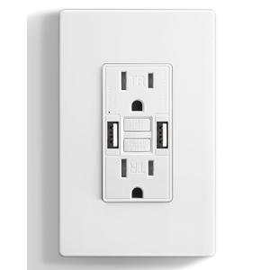 SURAIELEC 15 Amp GFCI Outlet with Dual USB-A Ports, Self-Test GFCI Electrical Outlet Combination with USB-A, Tamper-Resistant GFCI USB Outlet, Screwless Wall Plate Included, ETL Listed, White,1-Pack