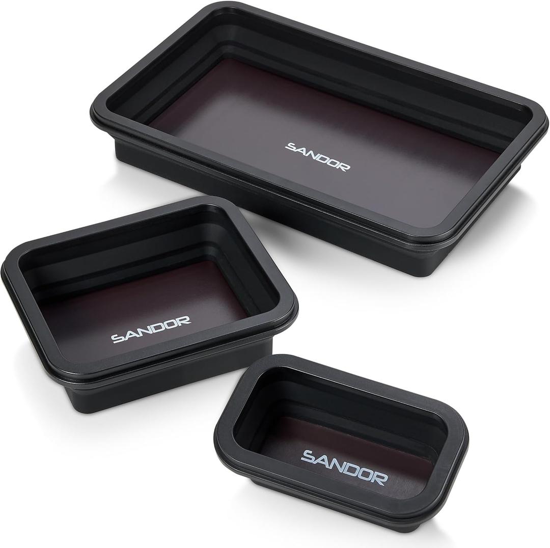 Collapsible Magnetic Parts Tray Set - 3 Different Size Tool Trays for Screw, Bolts, Nuts, Washers, Pins and Other Small Metal Parts, Mechanic Tool Gifts for Men - Black